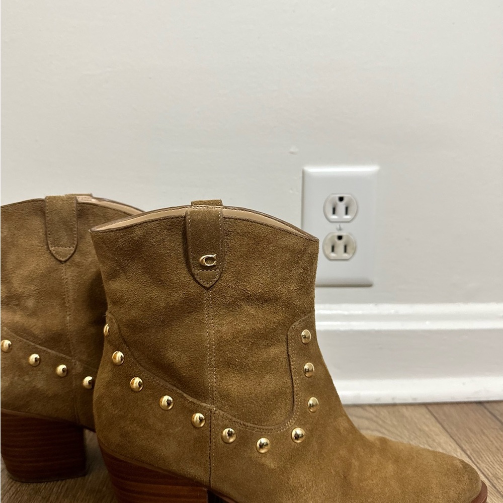 Coach Tan Suede Boots with Gold Accents
